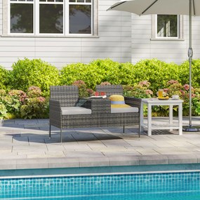 Outsunny Bancă de Grădină cu 2 Locuri din Rattan și Oțel, Bancă de Exterior cu Perne și Măsuță Centrală cu Blat din Sticlă Securizată, 135x64x81 cm, Gri Închis | Aosom Romania