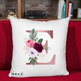 Cadou Personalizat - Perna Personalizata Monograma Rose Gold Litera E, 40x40 cm, Alb Pufos, Husa Detasabila, Perna Inclusa, BEKZ®