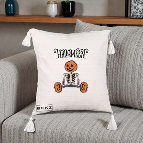 Perna Decorativa Halloween Schelet cu Cap de Dovleac Powerlifting, 40x40 cm, Bej cu Franjuri, Husa Detasabila, Perna Inclusa, BEKZ®