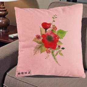 Perna Decorativa Buchet Rosu Acuarela, 40x40 cm, Roz, Husa Detasabila, Perna Inclusa, BEKZ®