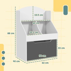 AIYAPLAY Bibliotecă pentru Copii cu 2 Niveluri și Sertar pe Roți, Raft Bibliotecă pentru Jucării și Cărți, 62x40x88 cm, Alb | Aosom Romania