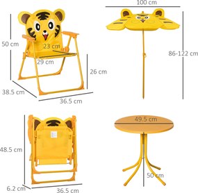 Outsunny Set de Grădină 4 Piese pentru Copii cu Model Tigru și Măsuță Rotundă, 2 Scaune Pliabile și o Umbrelă Reglabilă, Măsuță cu Scaune pentru Copii 3-6 Ani de Exterior, Galben | Aosom Romania