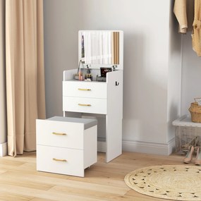 HOMCOM Coasă cu oglindă și taburet 3 în 1, 3 sertare și placă de sticlă vizibilă, pernă tapitată, 48 x 40 x 90 cm, alb | Aosom Romania