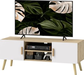 HOMCOM Comodă TV din lemn pentru televizor până la 127 cm cu rafturi, 2 dulapuri și orificii pentru cabluri, stejar | Aosom Romania