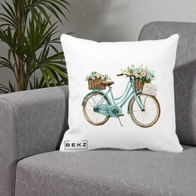 Perna Decorativa Bicicleta Teal cu Cosuri Duble de Flori Vintage, 40x40 cm, Alba Mata, Husa Detasabila, Perna Inclusa, BEKZ®