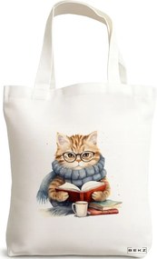 Sacosa de Panza pentru Cumparaturi, Geanta Tote, model Reading cat 2 38 x 34.5 cm, Alba, BEKZ®