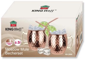 Set de pahare pentru Moscow Mule Kinghoff KH 2000, 2 buc, 500ml, 2 paie, oțel inoxidabil, cupru