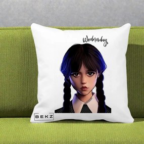 Perna Personalizata Wednesday Addams Portret Realist, 40x40 cm, Alba Mata, Husa Detasabila, Perna Inclusa, BEKZ®