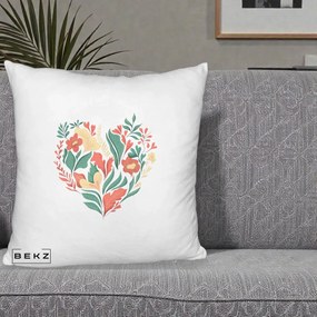 Perna Decorativa Inima Florala Botanica, 40x40 cm, Alb Pufos, Husa Detasabila, Perna Inclusa, BEKZ®