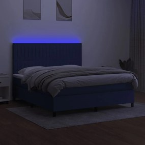 Pat cu arcuri, saltea si LED, albastru, 180x200 cm, textil Albastru, 180 x 200 cm, Benzi verticale