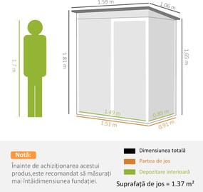 Outsunny Căsuță de Grădină 1.37m² din Metal, Montare Ușoară, Depozit pentru Unelte de Grădină cu Fante de Aer, Ușă Culisantă, Acoperiș Înclinat și Mănuși, 159x106x181 cm, Gri Închis | Aosom Romania