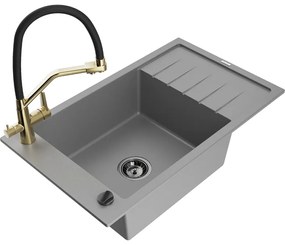 Mexen Elias chiuvetă de granit cu un compartiment, cu picurător și baterie de bucătărie Duo, Gri - 6511-71-671701-57-B