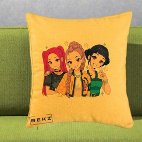 Perna Personalizata K-pop HUNTRX Trio Anime Stele, 40x40 cm, Galben, Husa Detasabila, Perna Inclusa, BEKZ®