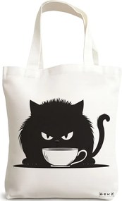Sacosa de Panza pentru Cumparaturi, Geanta Tote, model Caffeine Cat 27 38 x 34.5 cm, Alba, BEKZ®