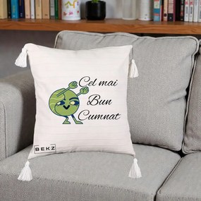 Cadou pentru Cumnat - Perna Personalizata Cel mai Bun Cumnat cu Personaj Funny Verde, 40x40 cm, Bej cu Franjuri, Husa Detasabila, Perna Inclusa, BEKZ®