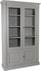Bufet vitrină din lemn masiv de pin, gri, cu 4 uși, dintre care 2 vitrate, 3 rafturi și caneluri, finisaj patinat, 197 x 120 x 37 cm, „Ernest”