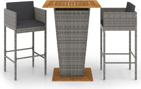 vidaXL Set mobilier bar de grădină, cu perne, 3 piese, gri, poliratan