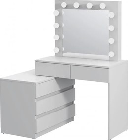 Masuta machiaj cu Oglinda LED si 5 Sertare pentru Cosmetice, Set Masa toaleta 130 cm, Alb, masuta cosmetica, vanity - SEA541