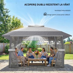 Outsunny Pavilion 4x4m Impermeabil Reglabil pe înălțime Pop-up Pavilion pliant cu dublu acoperiș 4 laterale din plasă, UV 30+Gri deschis | Aosom Romania