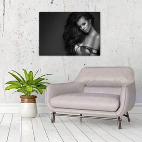 Tablou pe sticlă - Portretul unei femei seducătoare, alb-negru (70x50 cm)