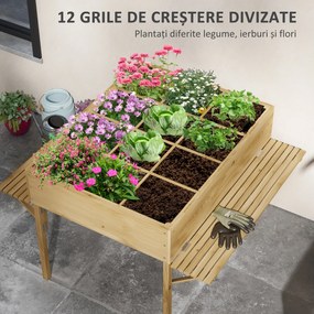 Outsunny Strat de Grădină Înălțat cu 12 Grile, Jardinieră Înălțată din Lemn cu Rafturi Laterale Pliabile, 122x91,5x89 cm, Lemn Natural | Aosom Romania