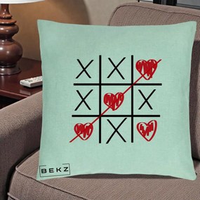 Cadou Romantic - Perna Personalizata Love Joc X si Inima cu Castigator Iubire, 40x40 cm, Verde Menta, Husa Detasabila, Perna Inclusa, BEKZ®