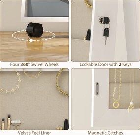 HOMCOM Oglindă Dulap pentru Bijuterii cu LED Interior Roți Pivotant 360° Rafturi Deschise Sertare din Material Textil Alb | Aosom Romania