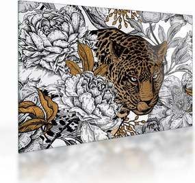 Tablou pe sticlă - Leopard între flori (70x50 cm)