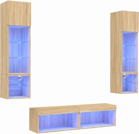 vidaXL Unități de perete TV cu LED-uri, 6 piese, stejar sonoma, lemn