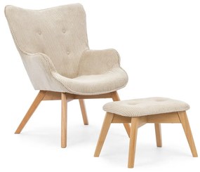 Fotoliu cu taburet bej cu tapițerie din catifea reiată Niko – Ropez