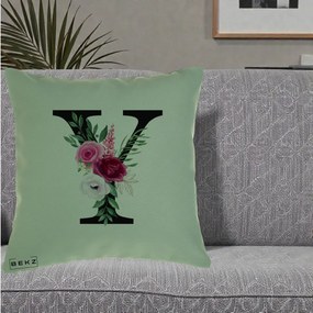 Cadou Personalizat - Perna Personalizata Monograma Florala Litera Y cu Buchet, 40x40 cm, Verde, Husa Detasabila, Perna Inclusa, BEKZ®
