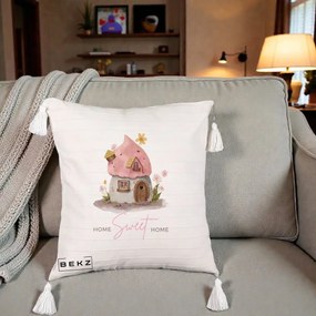Perna Decorativa Home Sweet Home Casuta, 40x40 cm, Bej cu Franjuri, Husa Detasabila, Perna Inclusa, BEKZ®
