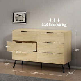 HOMCOM Comodă cu 6 Sertare, Unitate de Depozitare pentru Dormitor, Living, 110x40x75 cm, Lemn Natural | Aosom Romania