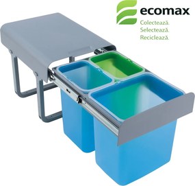 Cos gunoi incorporabil Ekko 40 Ecomax, cu extragere totala, colectare selectiva, 1 x 16 l + 2 x 8 l Polipropilena, Albastru Verde Galben, 400 mm,