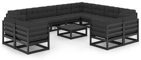 3077013 vidaXL Set mobilier grădină cu perne, 13 piese, negru, lemn masiv pin