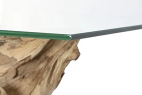Consolă unicat din rădăcină de lemn masiv de tec, cu blat din sticlă și structură metalică, „Roots”