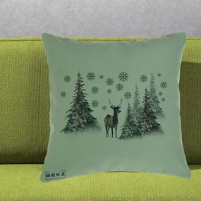 Perna Decorativa Ren in Padure Inzapezita, 40x40 cm, Verde, Husa Detasabila, Perna Inclusa, BEKZ®