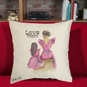 Cadou pentru Mama - Perna Personalizata Love Mom Rochii Roz, 40x40 cm, Ecru, Husa Detasabila, Perna Inclusa, BEKZ®