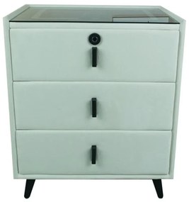 Noptieră inteligentă multifuncțională, 3 sertare, blocare cu amprentă, LED-uri tactile, 3 tipuri de culoare, încărcare fără fir, Difuzor Bluetooth, incarcare USB, sticla securizata, catifea, Bej