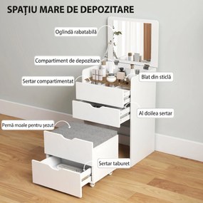 HOMCOM Măsuță de Toaletă cu Oglindă Rabatabilă și Scaun, Compactă, Alb | Aosom Romania