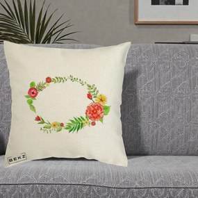 Perna Decorativa Coroana Florala Acuarela, 40x40 cm, Ecru, Husa Detasabila, Perna Inclusa, BEKZ®