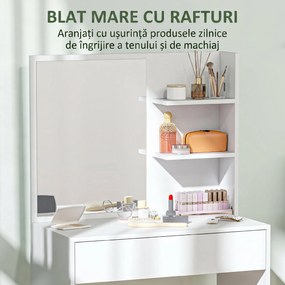 HOMCOM Masă de machiaj cu oglindă, 3 rafturi în colț și sertar, din lemn și sticlă, 75x40x137 cm, Alb | Aosom Romania
