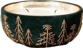 Lumânare decorativă din sticlă și catifea verde închis, brodată cu brazi aurii din mărgele, finisaj catifelat, 7 x 15 cm, „Sapinière”