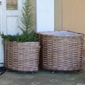 Set 2 coșuri decorative lucrate manual din ratan împletit natur, cu roți, 55x62x62 cm, „Panier"