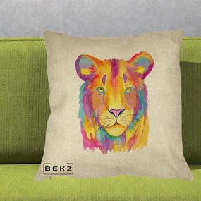 Perna Decorativa Leu Acuarela Curcubeu, 40x40 cm, Crem, Husa Detasabila, Perna Inclusa, BEKZ®