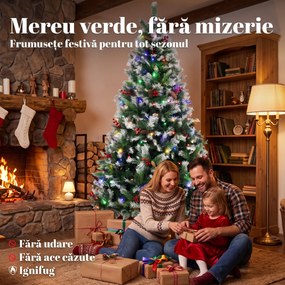 HOMCOM Brad de Crăciun Nins 180 cm, 250 LED-uri Bicolore, Telecomandă, 11 Moduri, 840 Ramuri, Conuri, Bobițe Roșii | Aosom Romania