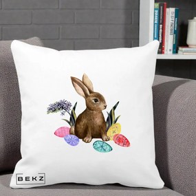 Perna Decorativa Iepuras cu Oua de Pasti Acuarela, 40x40 cm, Alba Mata, Husa Detasabila, Perna Inclusa, BEKZ®
