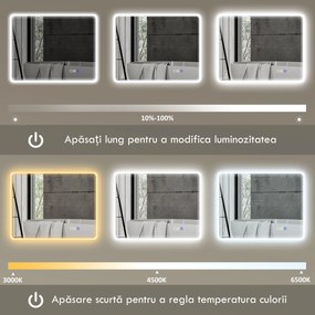 HOMCOM Oglindă de baie LED bluetooth 70 x 90 cm interruptor tactil lumină reglabilă 3 culori anti-abur memorie argintiu | Aosom Romania