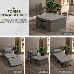 HOMCOM Pat Pliabil Multifuncțional 4 în 1, Șezlong cu Economie de Spațiu, cu Spătar Rabatabil pe 5 Niveluri, 188x75x38 cm, Gri | Aosom Romania