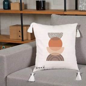 Perna Decorativa Boho Stiva Forme Punctate Terracotta, 40x40 cm, Bej cu Franjuri, Husa Detasabila, Perna Inclusa, BEKZ®